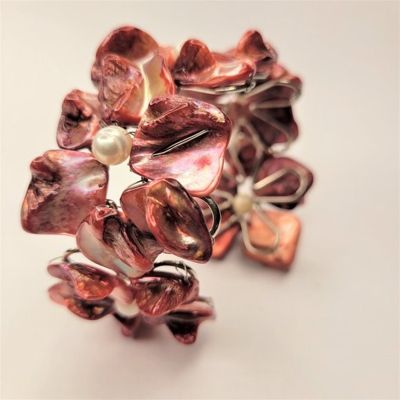 Wine Red Shell White Pearls Adjustable Cuff Bracelet Bangle - NEW - Picture 11 of 16